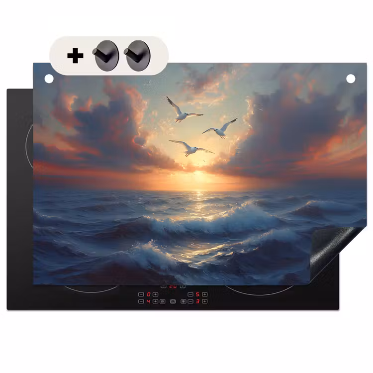 Inductie beschermer en spatscherm (2in1) - Meeuwen - Zonsondergang - Zee - Wolken — 1
