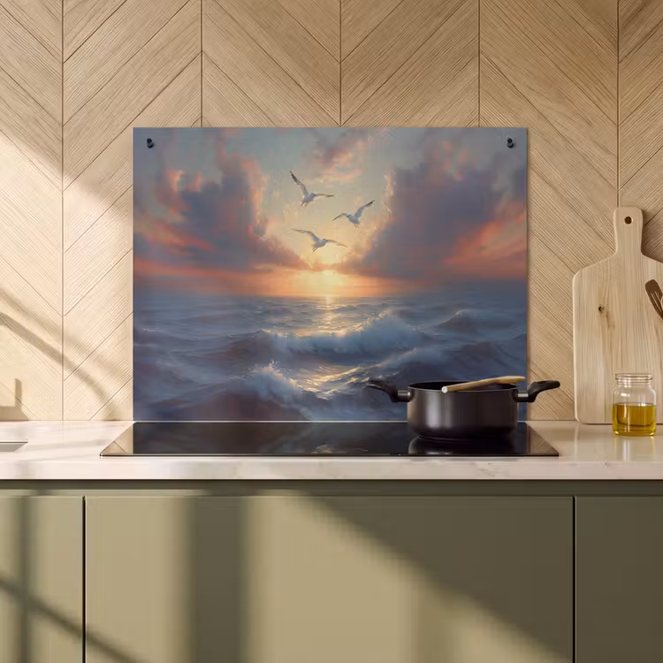 Inductie beschermer en spatscherm (2in1) - Meeuwen - Zonsondergang - Zee - Wolken — 2
