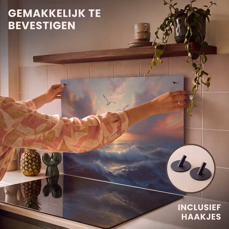 Inductie beschermer en spatscherm (2in1) - Meeuwen - Zonsondergang - Zee - Wolken — 7
