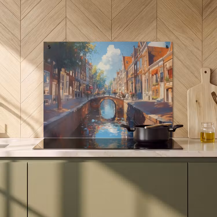 Inductie beschermer en spatscherm (2in1) - Stad - Gracht - Zon - Fietsen — 2