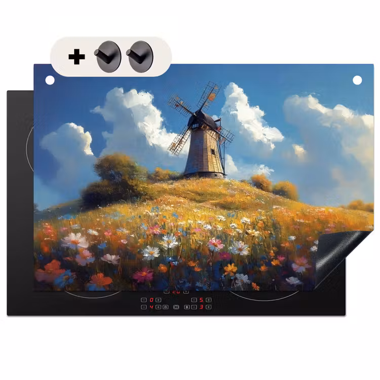 Inductie beschermer en spatscherm (2in1) - Windmolen - Heuvel - Bloemen - Kleurrijk — 1