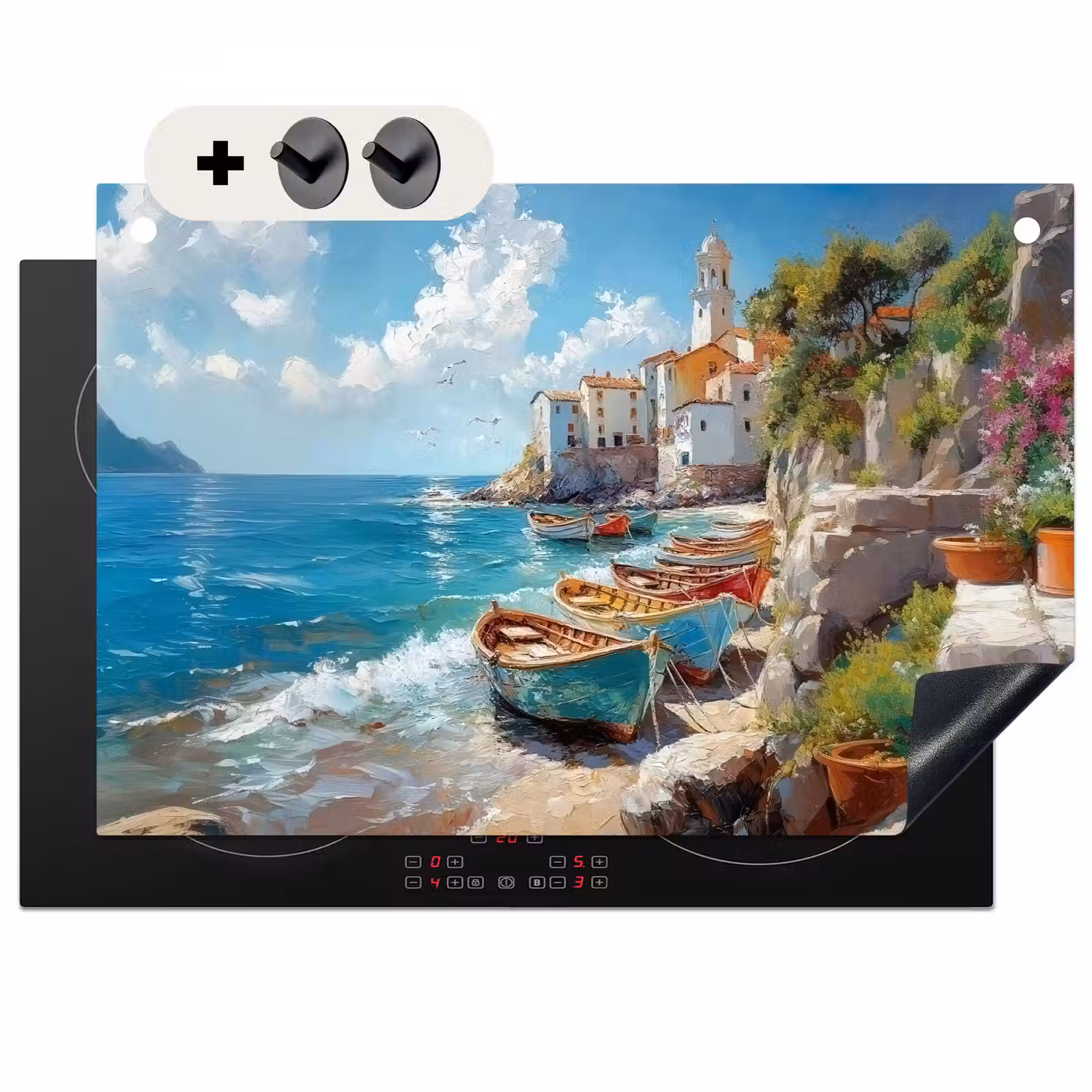 Inductie beschermer en spatscherm (2in1) - Boten - Rotsen - Zee - Zon — 1