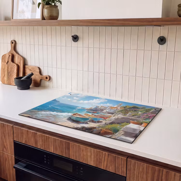 Inductie beschermer en spatscherm (2in1) - Boten - Rotsen - Zee - Zon — 3