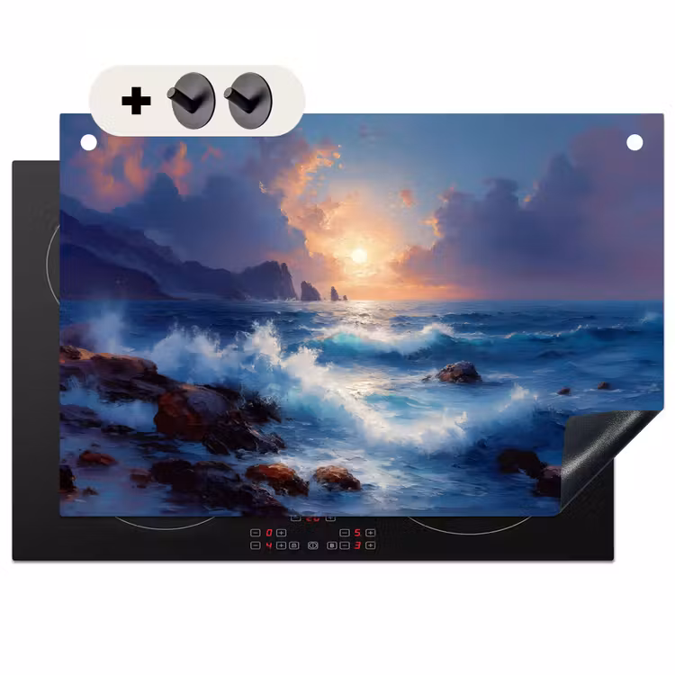 Inductie beschermer en spatscherm (2in1) - Golven - Zee - Kleurrijk - Rotsen — 1