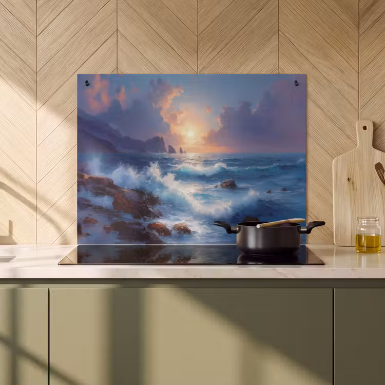 Inductie beschermer en spatscherm (2in1) - Golven - Zee - Kleurrijk - Rotsen — 2