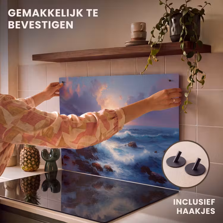 Inductie beschermer en spatscherm (2in1) - Golven - Zee - Kleurrijk - Rotsen — 7