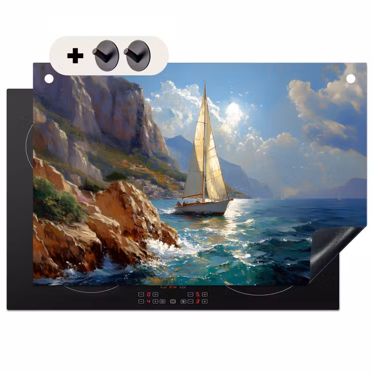 Inductie beschermer en spatscherm (2in1) - Zeilschip - Zee - Rotsen - Wolken — 1