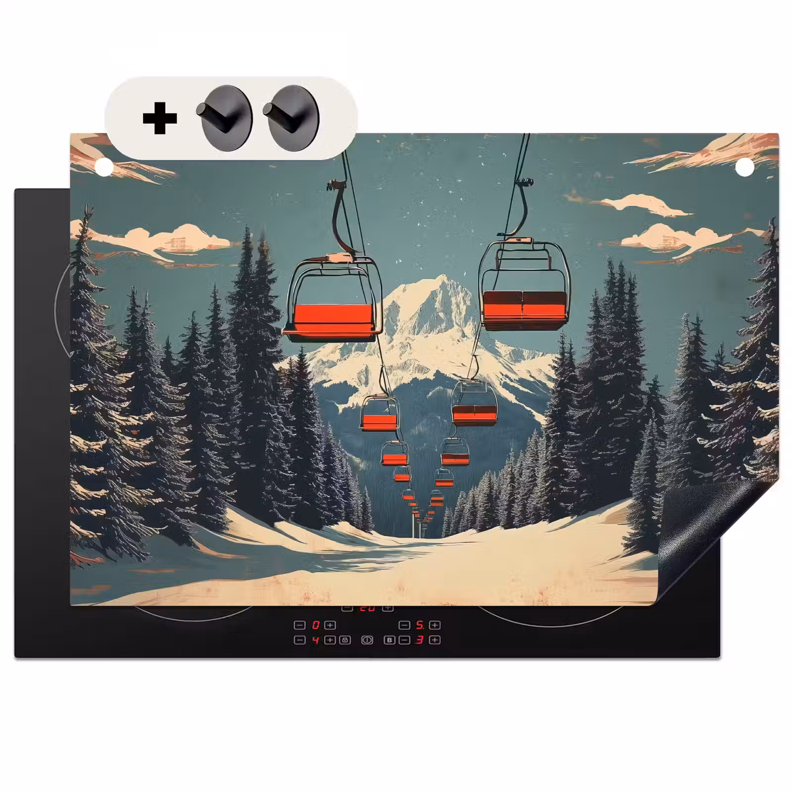Inductie beschermer en spatscherm (2in1) - Sneeuw - Skilift - Rood - Bomen — 1