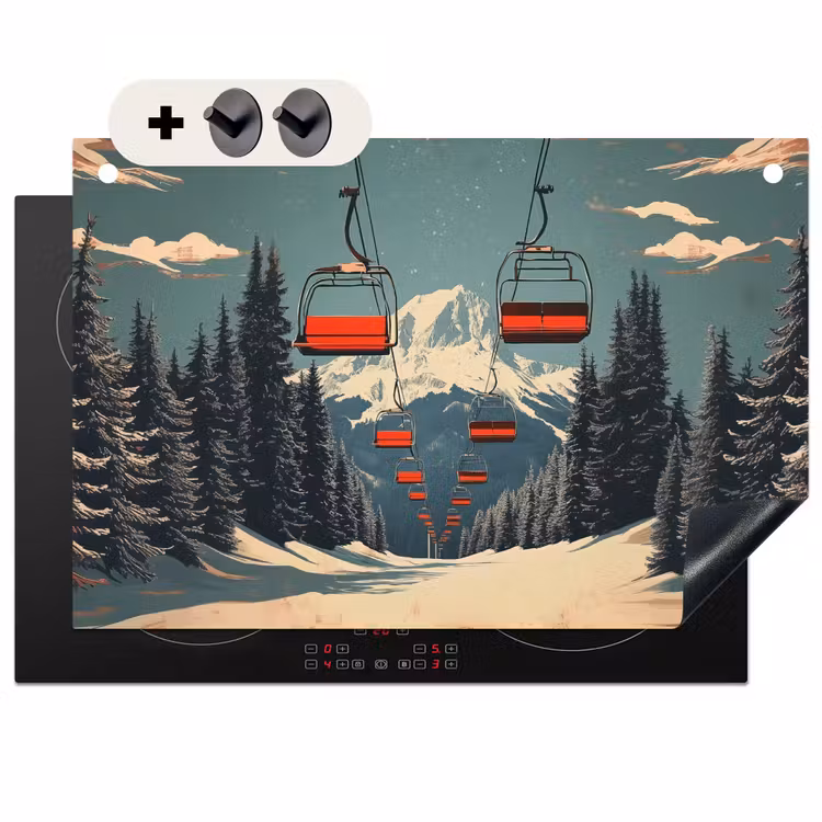 Inductie beschermer en spatscherm (2in1) - Sneeuw - Skilift - Rood - Bomen — 1