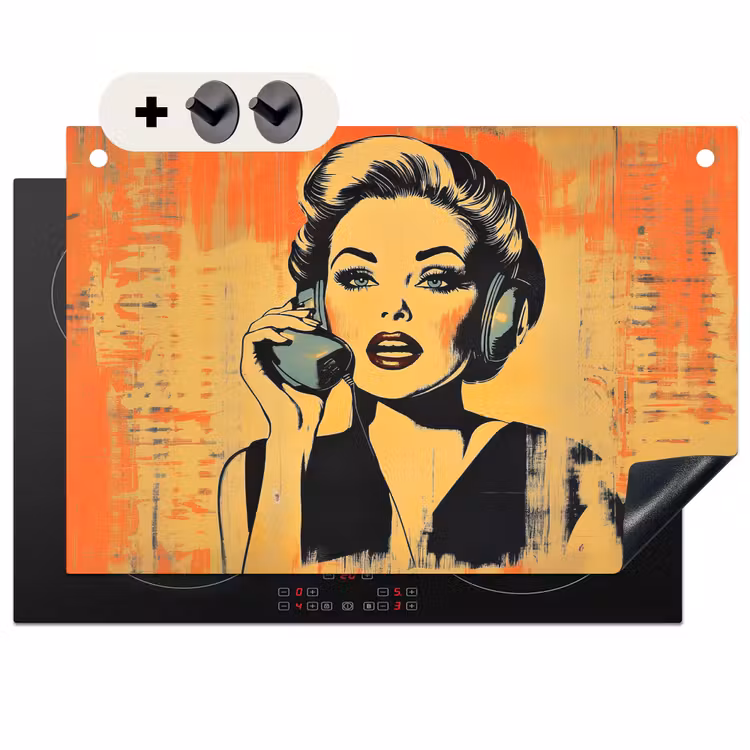 Inductie beschermer en spatscherm (2in1) - Retro - Vrouw - Koptelefoon - Oranje — 1
