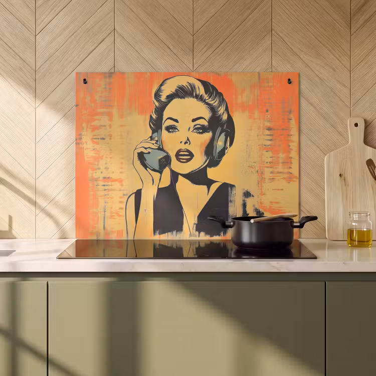 Inductie beschermer en spatscherm (2in1) - Retro - Vrouw - Koptelefoon - Oranje — 2