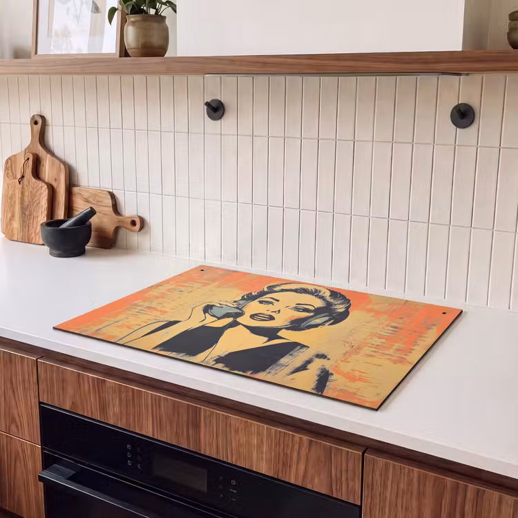 Inductie beschermer en spatscherm (2in1) - Retro - Vrouw - Koptelefoon - Oranje — 3