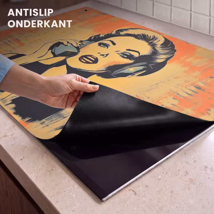 Inductie beschermer en spatscherm (2in1) - Retro - Vrouw - Koptelefoon - Oranje — 4