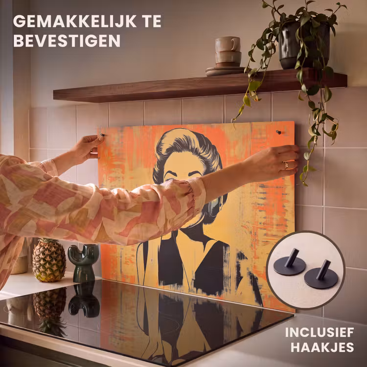 Inductie beschermer en spatscherm (2in1) - Retro - Vrouw - Koptelefoon - Oranje — 7