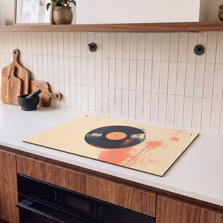 Inductie beschermer en spatscherm (2in1) - Vinylplaat - Zwart - Verfspatten - Retro — 3