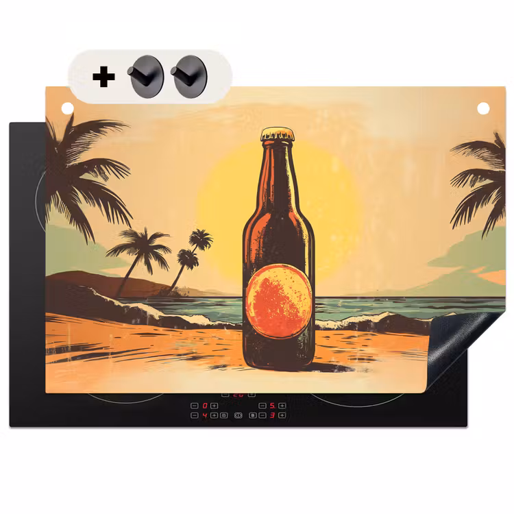 Inductie beschermer en spatscherm (2in1) - Bierfles - Zonsondergang - Palmbomen - Zee — 1