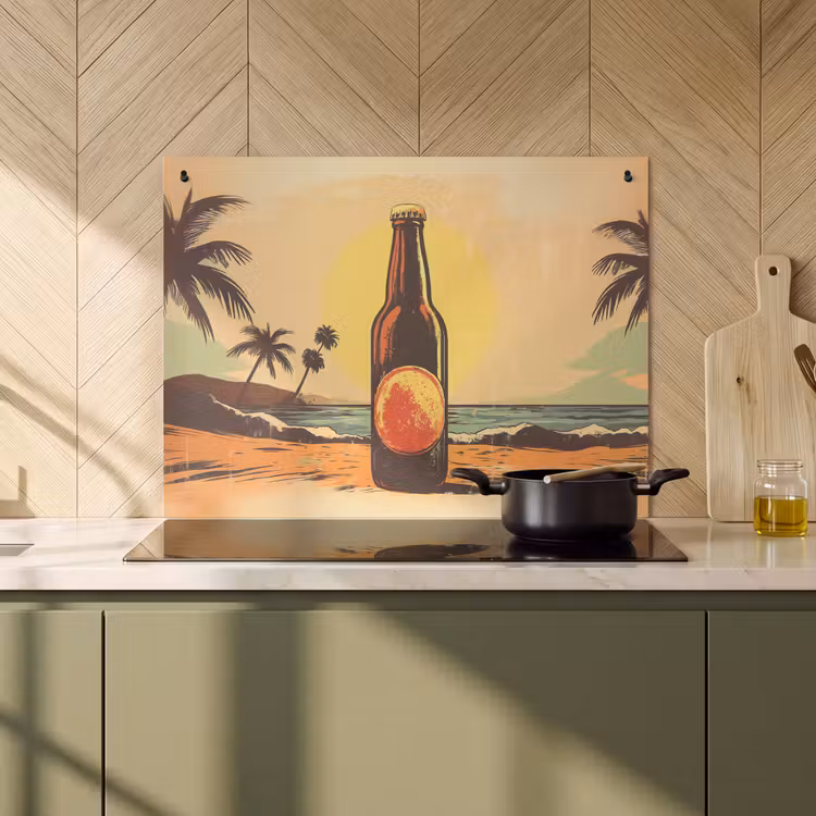 Inductie beschermer en spatscherm (2in1) - Bierfles - Zonsondergang - Palmbomen - Zee — 2