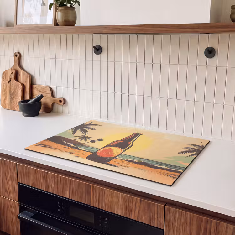 Inductie beschermer en spatscherm (2in1) - Bierfles - Zonsondergang - Palmbomen - Zee — 3