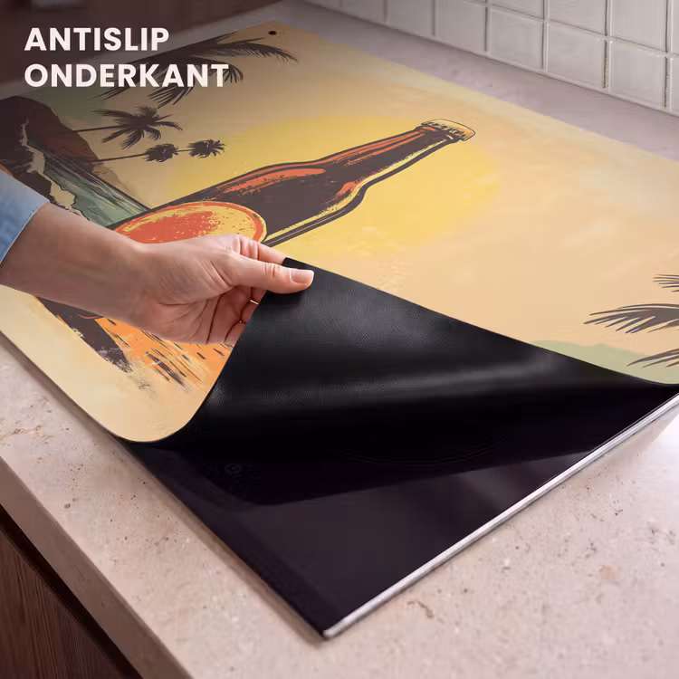 Inductie beschermer en spatscherm (2in1) - Bierfles - Zonsondergang - Palmbomen - Zee — 4
