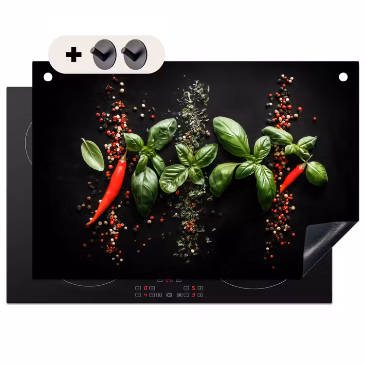Inductie beschermer en spatscherm (2in1) - Chilipepers - Basilicum - Blaadjes - Rood