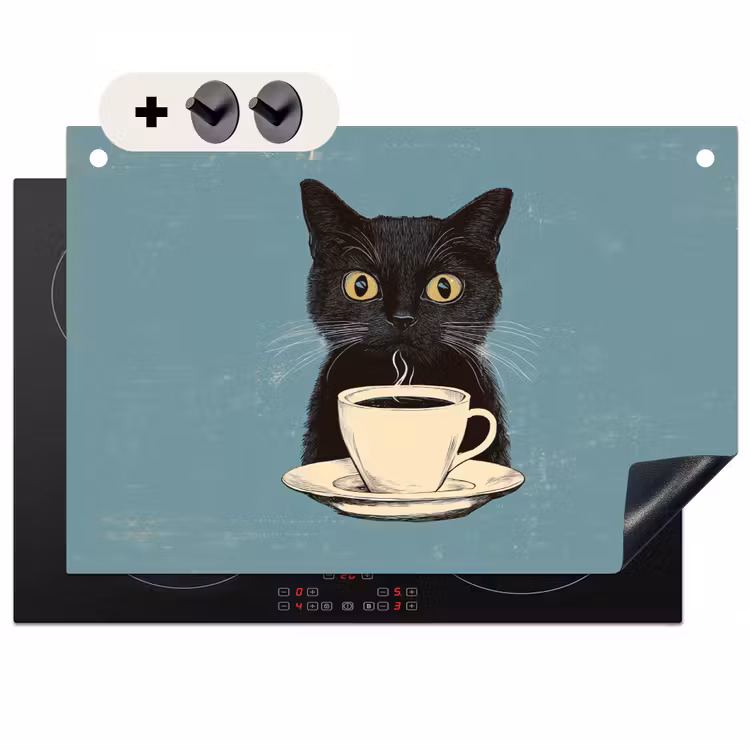Inductie beschermer en spatscherm (2in1) - Kat - Zwart - Koffie - Minimalistisch — 1