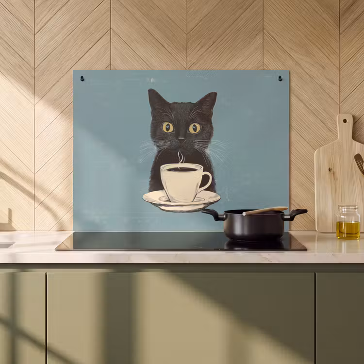 Inductie beschermer en spatscherm (2in1) - Kat - Zwart - Koffie - Minimalistisch — 2