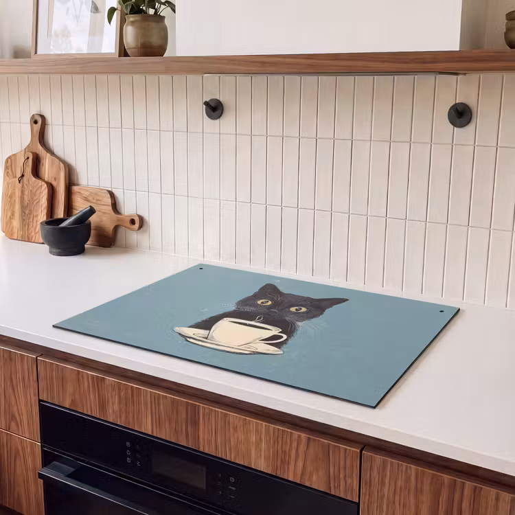 Inductie beschermer en spatscherm (2in1) - Kat - Zwart - Koffie - Minimalistisch — 3