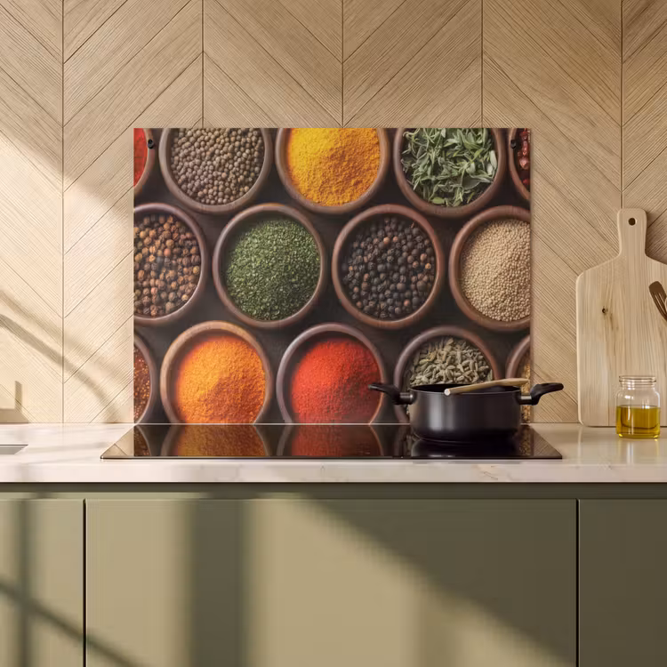 Inductie beschermer en spatscherm (2in1) - Bakjes - Hout - Kruiden - Kleurrijk — 2
