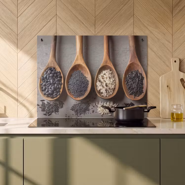 Inductie beschermer en spatscherm (2in1) - Houten - Lepels - Rijst - Zaden — 2