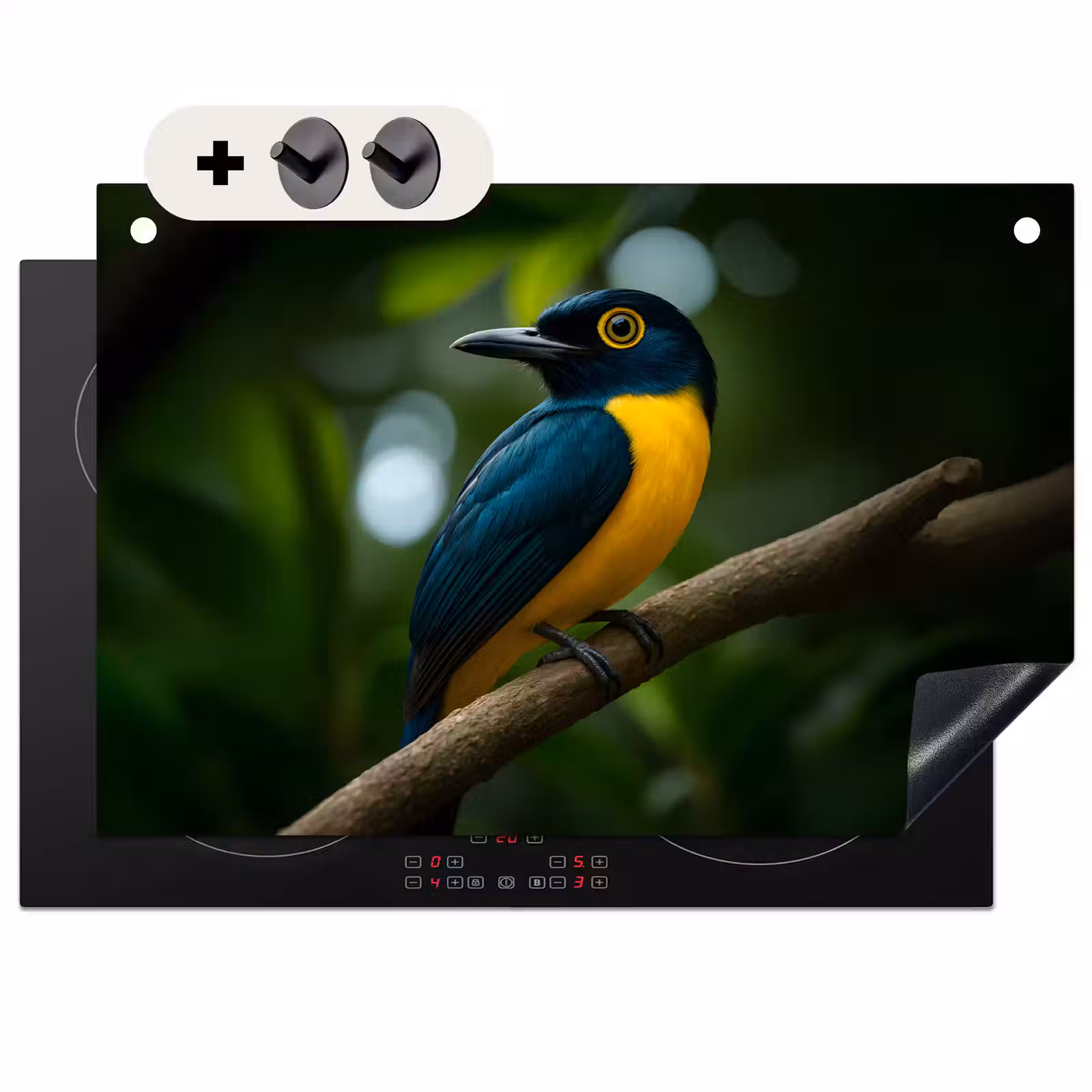 Inductie beschermer en spatscherm (2in1) - Vogel - Tak - Geel - Bladeren — 1