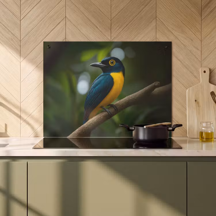 Inductie beschermer en spatscherm (2in1) - Vogel - Tak - Geel - Bladeren — 2