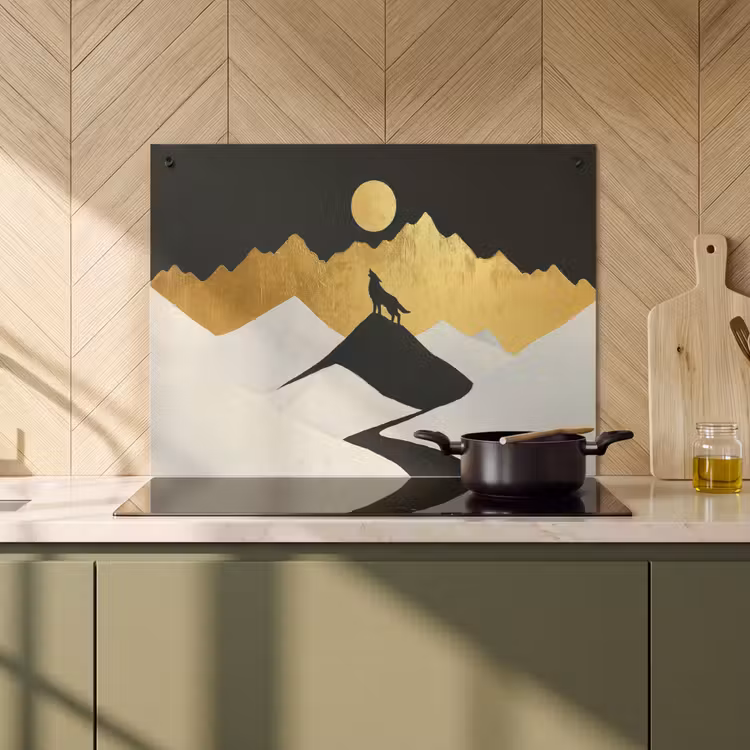 Inductie beschermer en spatscherm (2in1) - Wolf - Bergen - Maan - Zwart — 2