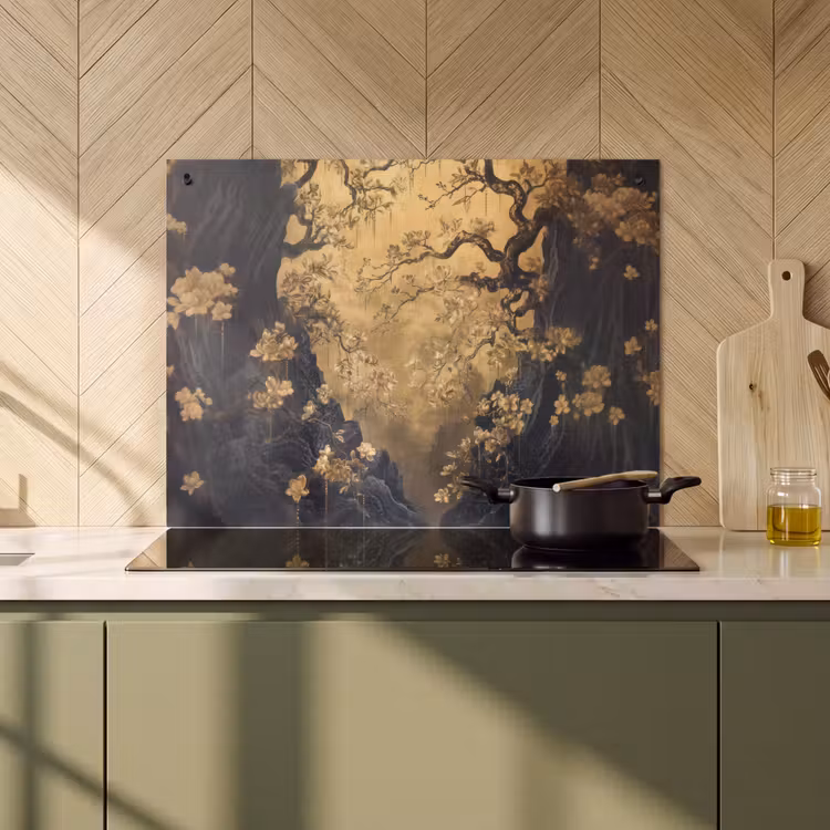 Inductie beschermer en spatscherm (2in1) - Bloemen - Takken - Goud - Sierlijk — 2
