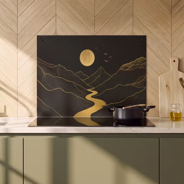 Inductie beschermer en spatscherm (2in1) - Rivier - Goud - Maan - Vogels — 2