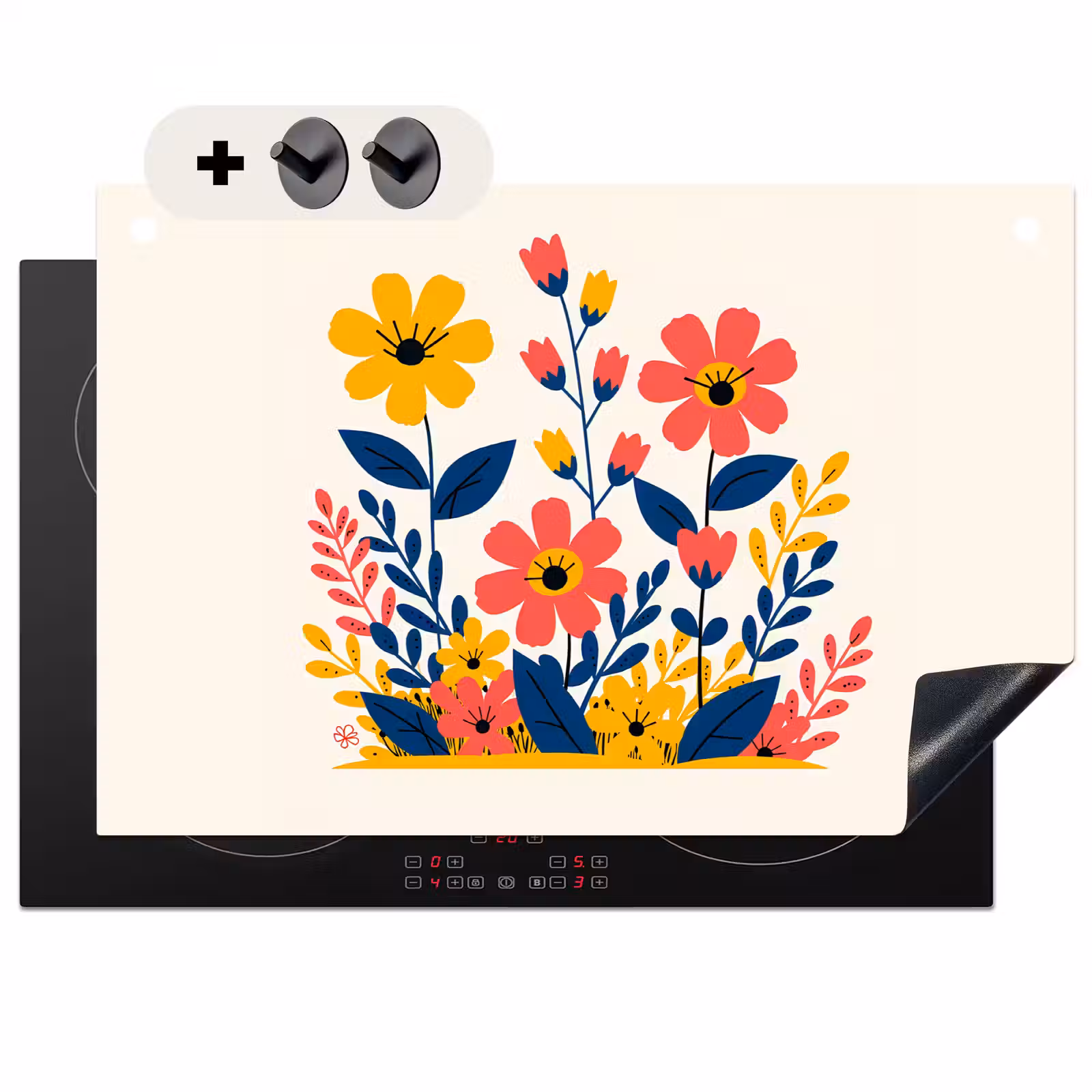 Inductie beschermer en spatscherm (2in1) - Illustratie - Bloemen - Bladeren - Roze — 1