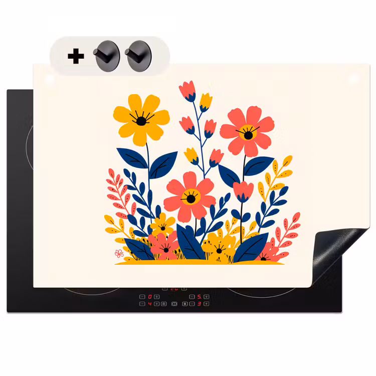 Inductie beschermer en spatscherm (2in1) - Illustratie - Bloemen - Bladeren - Roze — 1