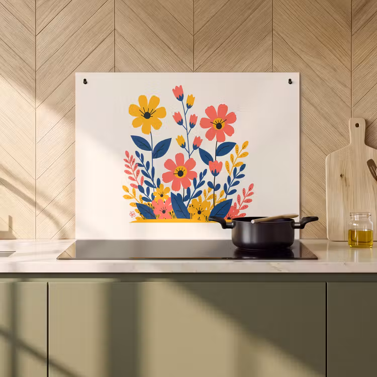 Inductie beschermer en spatscherm (2in1) - Illustratie - Bloemen - Bladeren - Roze — 2