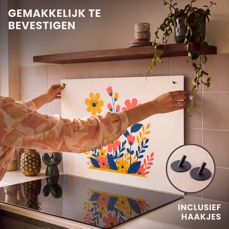 Inductie beschermer en spatscherm (2in1) - Illustratie - Bloemen - Bladeren - Roze — 7