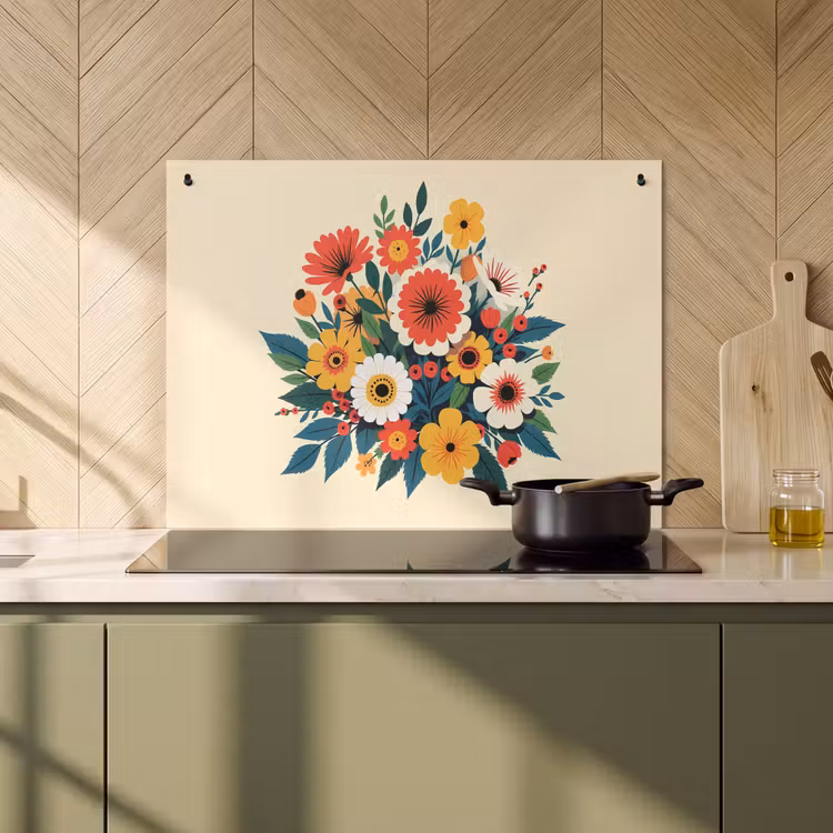 Inductie beschermer en spatscherm (2in1) - Boeket - Bladeren - Illustratie - Kleurrijk — 2
