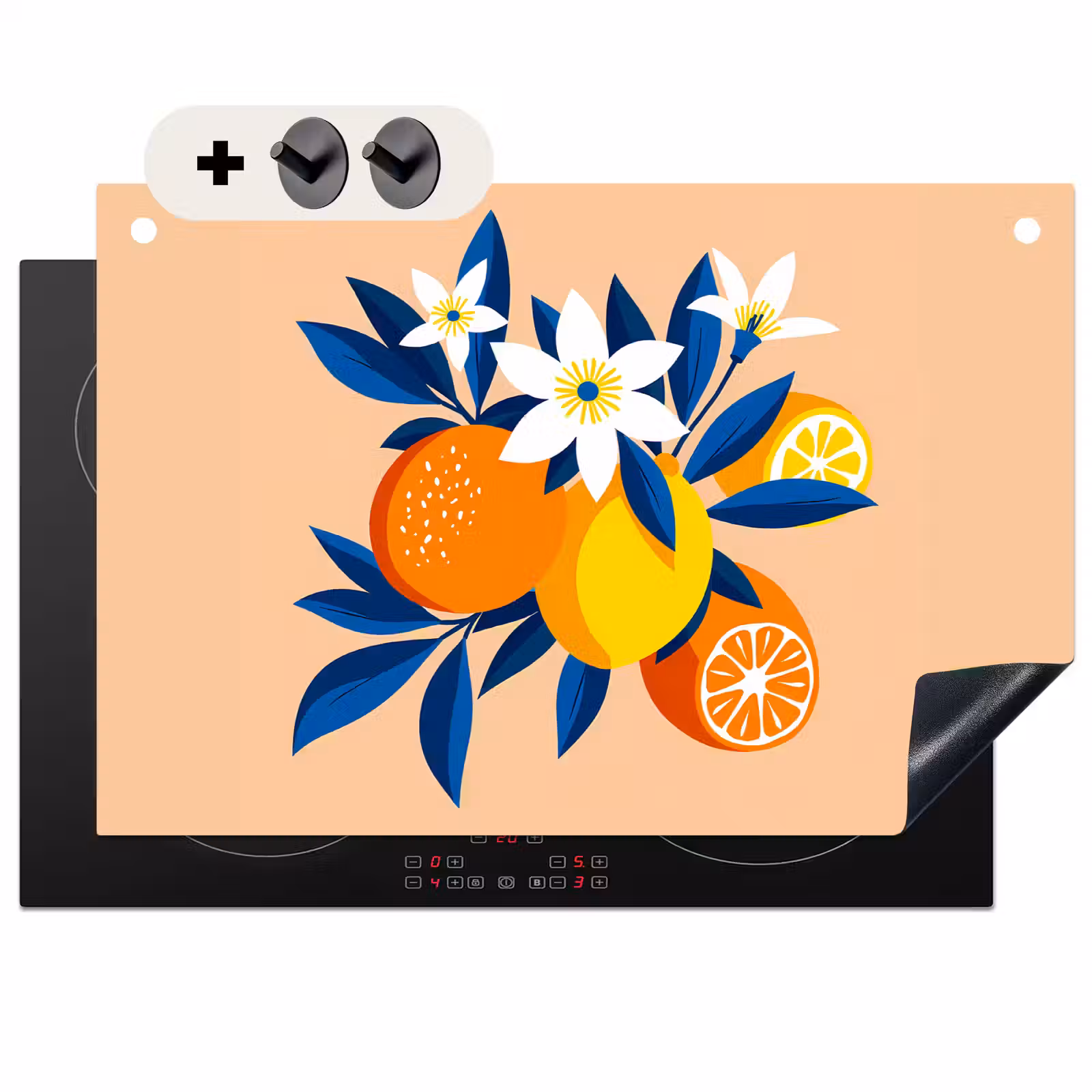 Inductie beschermer en spatscherm (2in1) - Illustratie - Sinaasappels - Donkerblauw - Bloemen — 1