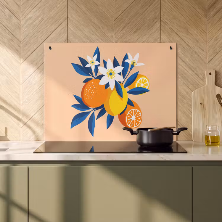 Inductie beschermer en spatscherm (2in1) - Illustratie - Sinaasappels - Donkerblauw - Bloemen — 2