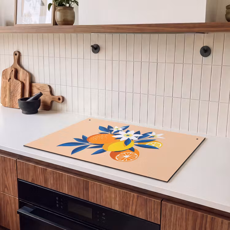 Inductie beschermer en spatscherm (2in1) - Illustratie - Sinaasappels - Donkerblauw - Bloemen — 3