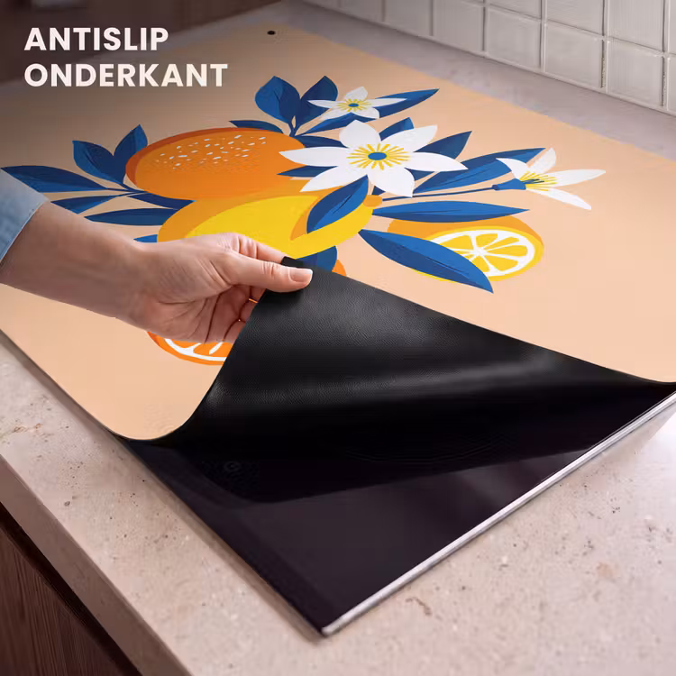 Inductie beschermer en spatscherm (2in1) - Illustratie - Sinaasappels - Donkerblauw - Bloemen — 4