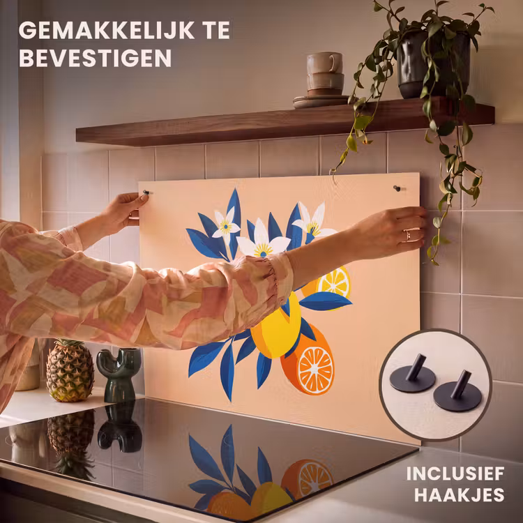 Inductie beschermer en spatscherm (2in1) - Illustratie - Sinaasappels - Donkerblauw - Bloemen — 7