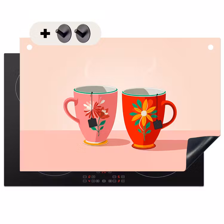 Inductie beschermer en spatscherm (2in1) - Theekopjes - Bloemmotieven - Roze - Theezakjes — 1