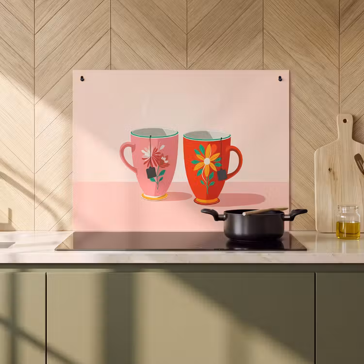 Inductie beschermer en spatscherm (2in1) - Theekopjes - Bloemmotieven - Roze - Theezakjes — 2