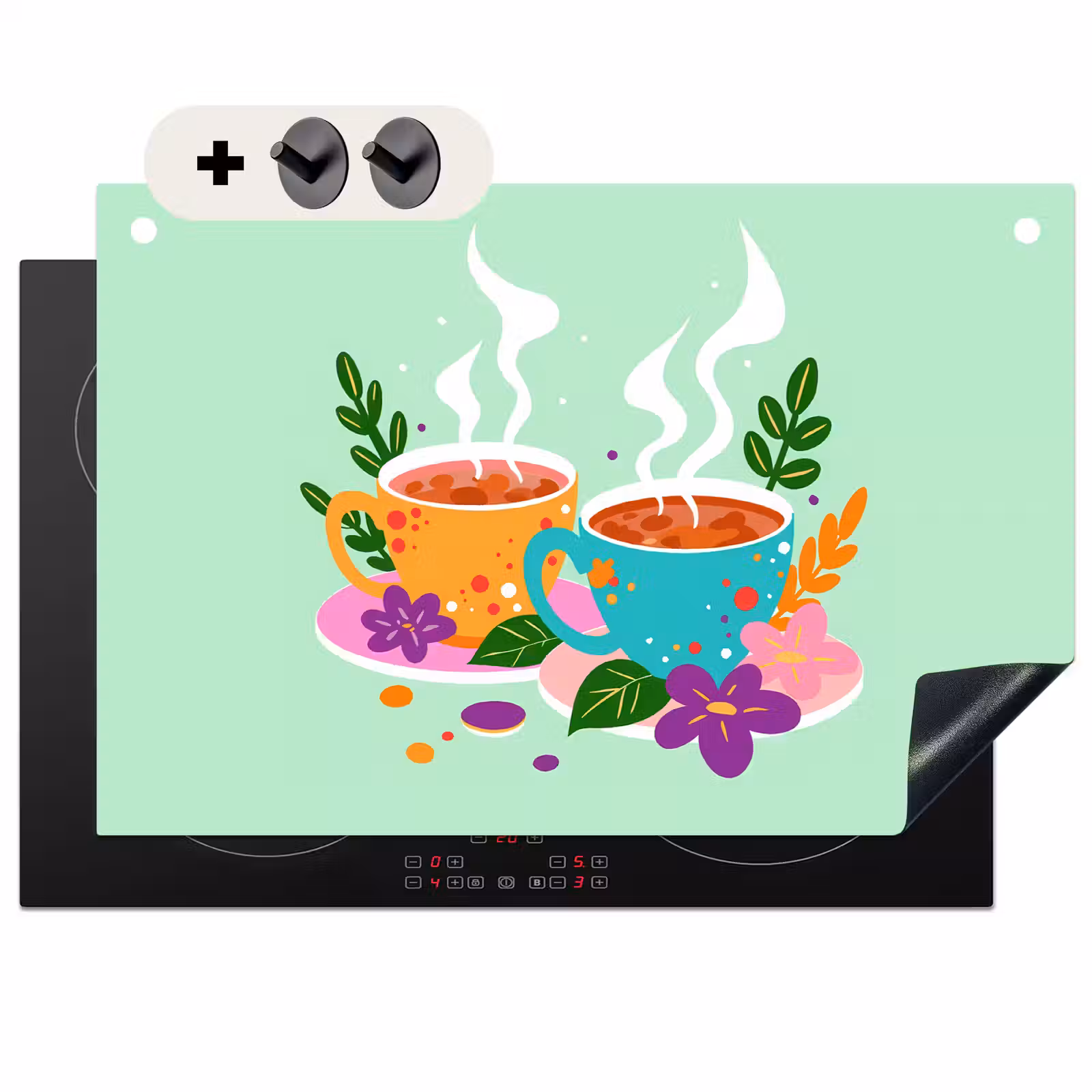 Inductie beschermer en spatscherm (2in1) - Thee - Illustratie - Kopjes - Bloemen — 1
