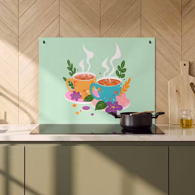 Inductie beschermer en spatscherm (2in1) - Thee - Illustratie - Kopjes - Bloemen — 2