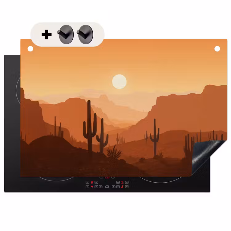 Inductie beschermer en spatscherm (2in1) - Landschap - Woestijn - Cactussen - Zon — 1
