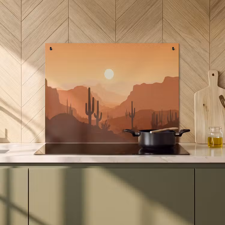 Inductie beschermer en spatscherm (2in1) - Landschap - Woestijn - Cactussen - Zon — 2